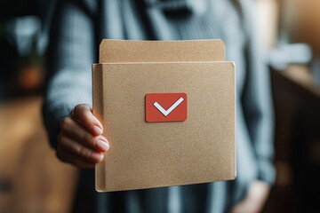 Close-up of business hand holding approved contract file folder with tick mark and digital signature icon on top representing finalized legal agreement