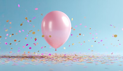 Pink balloon amidst confetti on light blue background