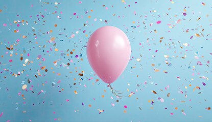 Pink balloon amidst colorful confetti on a pastel blue background
