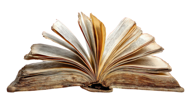 Antique Book Open with Aged Pages on Black Background