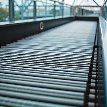 Conveyor belt system in modern industrial setting with blurred background  
