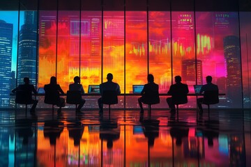 Business team analyzing customer feedback and performance kpis using interactive digital whiteboard with graphs and charts in meeting room