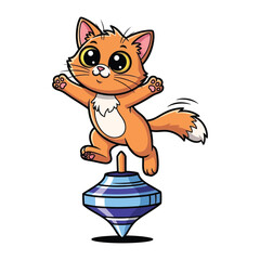 Whimsical Cat on a Top: A playful illustration features a cute cat balanced upon a spinning top, creating a sense of fun and wonder.