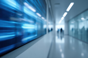 modern office environment featuring large presentation screen with blurred white text bars