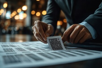 Businessman scanning qr code on official document for verification and digital workflow tracking in secure corporate process