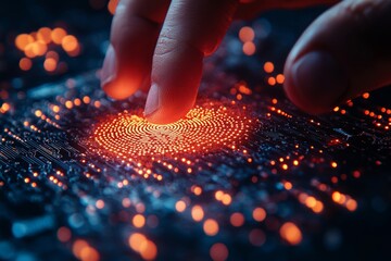 Close-up of business hand using a fingerprint scanner for secure access to digital contract files data protection and privacy concept