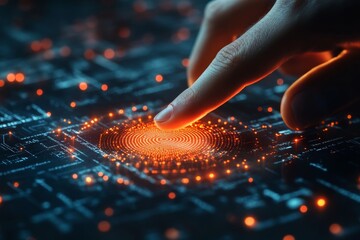 Close-up of business hand using a fingerprint scanner for secure access to digital contract files data protection and privacy concept