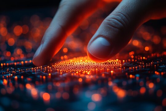 Close-up of business hand using a fingerprint scanner for secure access to digital contract files data protection and privacy concept