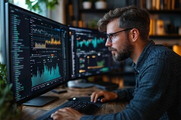 Data analyst using dual monitors to review operational dashboard and export csv files with performance reports and trend analytics