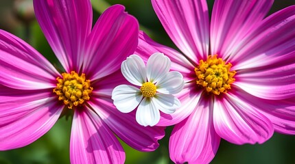 Pink and white cosmos flowers in close up view
