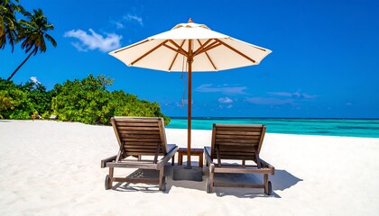 Tropical beach scene with umbrella and chairs (2)
