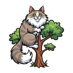 Friendly Feline's Perch: A charming, illustrated cat sits proudly amidst the verdant branches of a tree, its captivating gaze reflecting joy and contentment.
