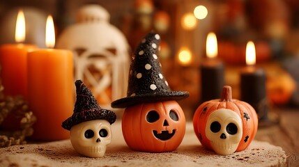 Cute scary pumpkins and tiny skull decorations with candles, witch hat on orange