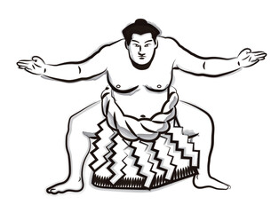 Sumo wrestling, Yokozuna, wrestler, ring-entering pose, hand-drawn, sumi-e style, Shiranui style, white background