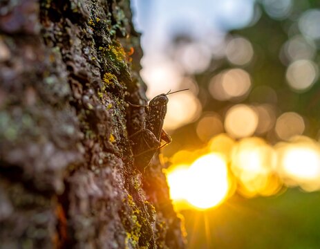 A grasshopper clings to a tree trunk at sunset