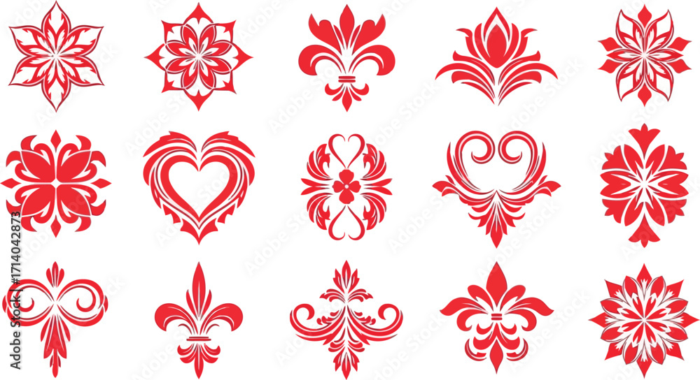 Poster vector art of assortment of red ornamental design elements and symbols