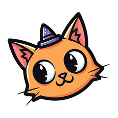 Cute Cat in a Wizard Hat: A charming cartoon cat sporting a miniature wizard's hat, exuding a whimsical and magical aura, perfect for illustrating imaginative concepts.