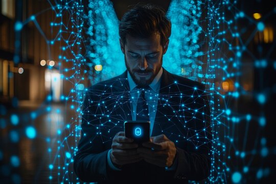 Businessman logging into secure company network using multi-factor authentication app on smartphone concept of data security and corporate protection