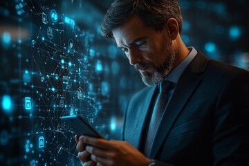 Businessman logging into secure company network using multi-factor authentication app on smartphone concept of data security and corporate protection