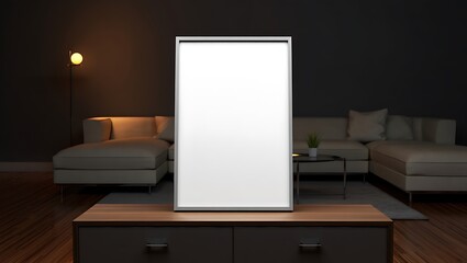 Blank white banner display on a wooden table in a modern living room