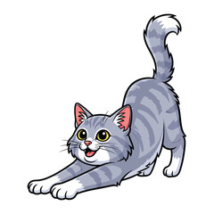 Playful Kitten Stretching: A cute cartoon illustration of a domestic cat is stretching joyfully, its paws outstretched in a playful and inviting pose. It exudes an aura of comfort.