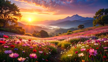An eye-level view depicts a vibrant wildflower meadow in full bloom at sunset, with a mountain range in the background and soft mist