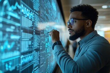 Business team reviewing iso audit checklist on a wall-mounted digital screen ensuring procedural compliance and quality assurance standards