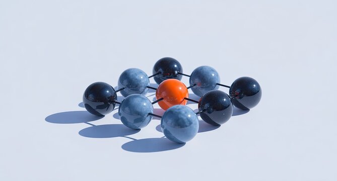 Abstract geometric arrangement of spheres.  Connected by thin rods, a central orange sphere stands out within a grid of gray and black spheres.  Shadows cast below the forms