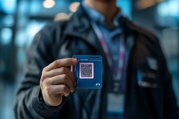 Close-up of business id badge with qr code and access level info representing corporate security and digital access control system