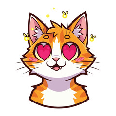 Cartoon Cat with Heart Eyes: A cute cartoon cat with heart-shaped eyes is surrounded by little yellow glowing sparkle, showcasing cuteness, love, and affection.