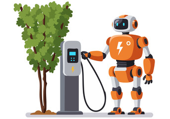 A friendly robot charges an electric vehicle at a smart charging station, surrounded by greenery. Modern, clean illustration promoting sustainable energy.