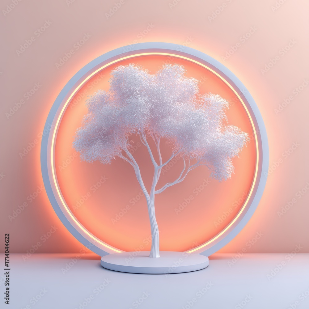 Poster illuminated tree: an artfully crafted tree sculpture illuminated against a soft, inviting glow, its 