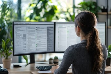 Executive reviewing pdf document with audit comments and approval stamps on dual screen monitor setup highlighting project closure phase