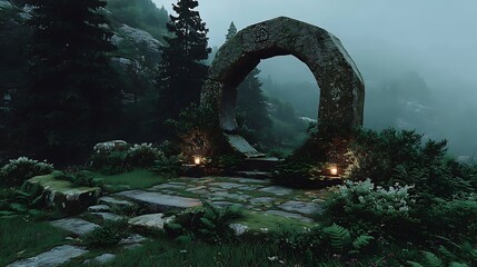 Mystic Stone Archway: A captivating stone arch stands majestically amidst a foggy, verdant landscape, shrouded in an aura of mystery, inviting viewers to ponder its age-old secrets. 