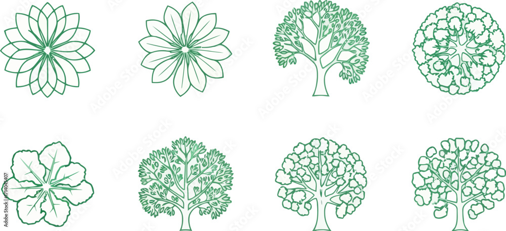 Poster vector art of green line art icons of flowers and trees in topdown and side views