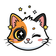 Enchanting Cat Icon: A cheerful cat character, radiating delight with a crescent moon and star motif, capturing the essence of innocence and playful charm.