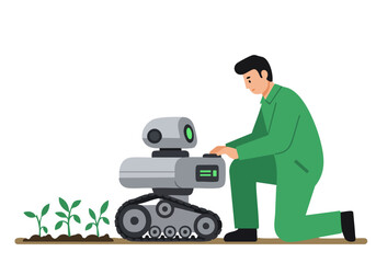 A technician inspects a wheeled robot amidst growing plants. A clean, modern illustration showcases technology and nature. Suitable for tech, agriculture, and innovation themes.