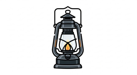 Illustration of vintage camping lantern kerosene lamp with flame for outdoor adventure light source