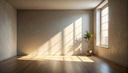 Obraz premium Sunlight casts dramatic shadows through window onto wooden floor in peaceful room with potted plant evoking stalking warrant violence