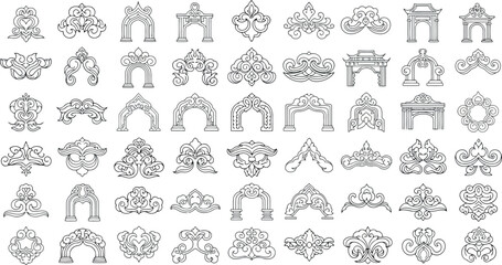 Vector art of intricate line art collection of architectural arches and decorative ornaments isolated