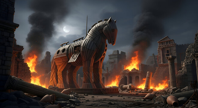 Trojan Horse Amidst Burning City Ruins: A Symbol of Deception.
