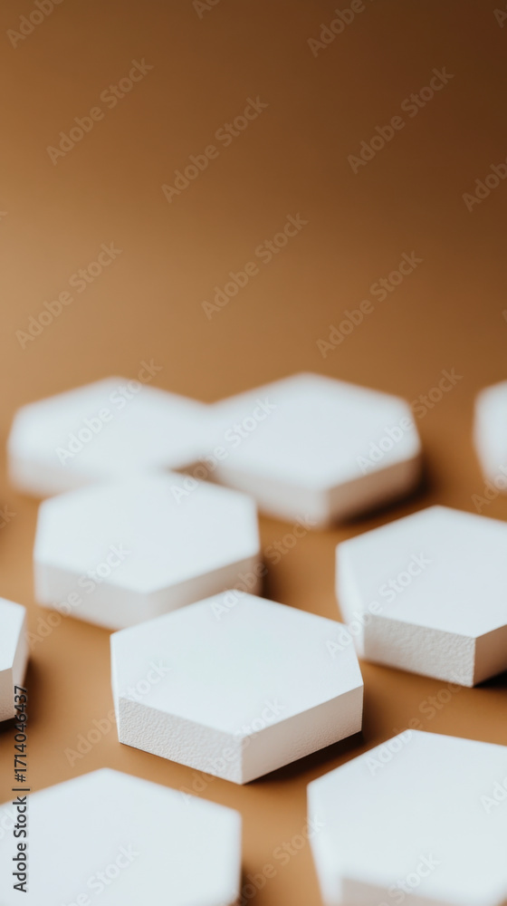Poster White hexagonal shapes arranged on a brown surface create a minimalist design approach showcasing geometric simplicity