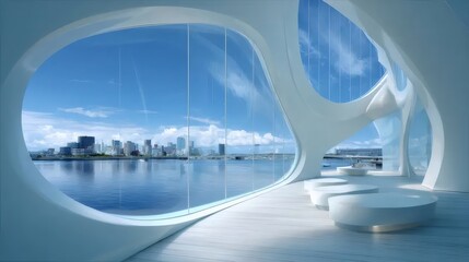 湾岸の湾曲した窓から見える都市景観と青い空