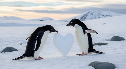 Obraz premium Adelie Penguins with Ice Heart in Antarctica Landscape.