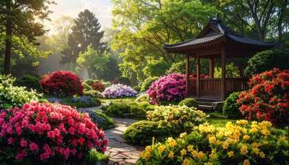 A serene Japanese garden, vibrant with colorful azaleas and a traditional wooden teahouse, bathed in morning sunlight.