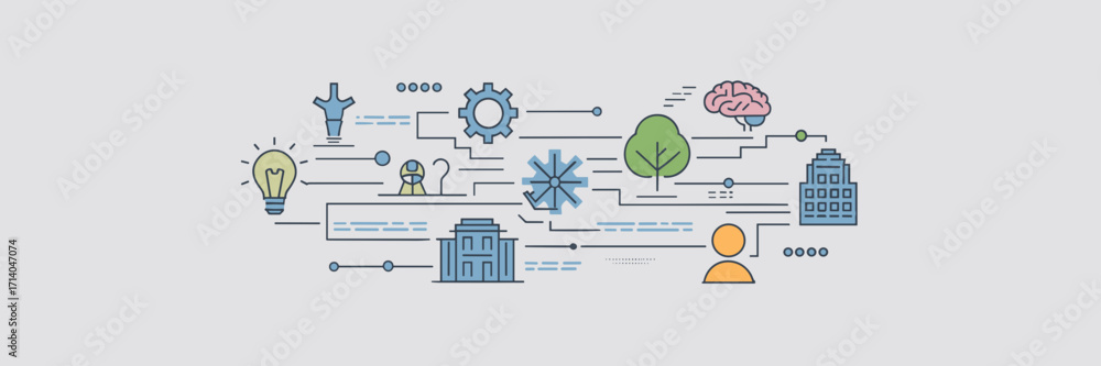 Poster vector infographic with horizontal layout of icons connected in a line – suitable for teamwork visua