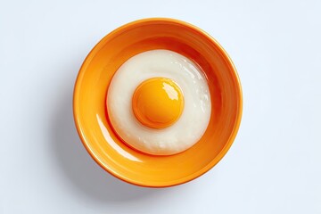 A fried egg, yolk centered, in an orange bowl