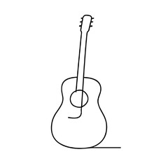 Guitar illustration in continuous line art style, black and white minimal design, music and creativity concept