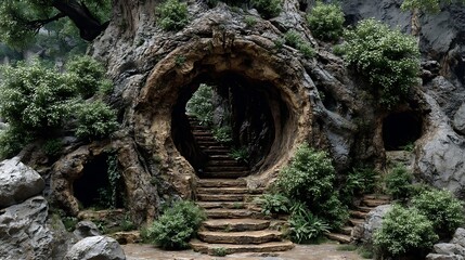 Naklejka premium Enchanted Tree Entrance: A stunning natural archway carved into a colossal tree, inviting exploration into a hidden world, with stone steps leading upward into the unknown.