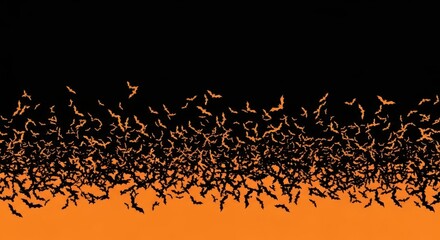 Swarm of Flying Bats Against Orange and Black Gradient Background